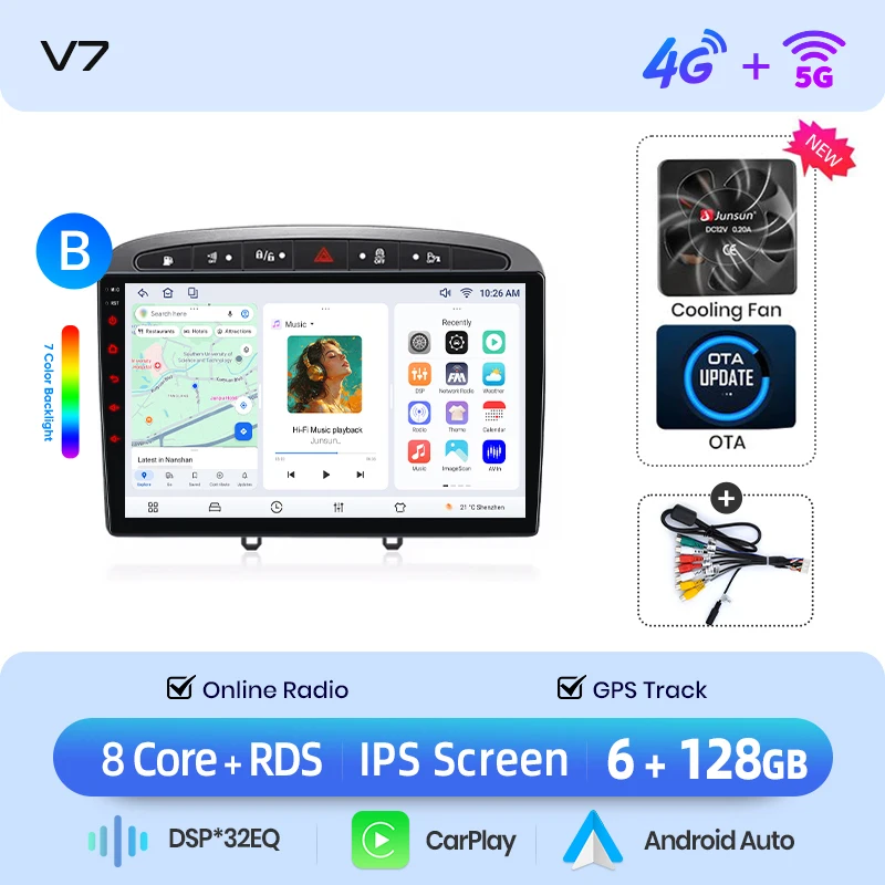Junsun draadloze CarPlay Android Auto autoradio voor Peugeot 308 / 308 SW Mk1 (T7) / RCZ / 408 2007-2015 met ingebouwde koelventilator, Android GPS navigatie, multimediaspeler, WiFi, DSP, RDS, BT,