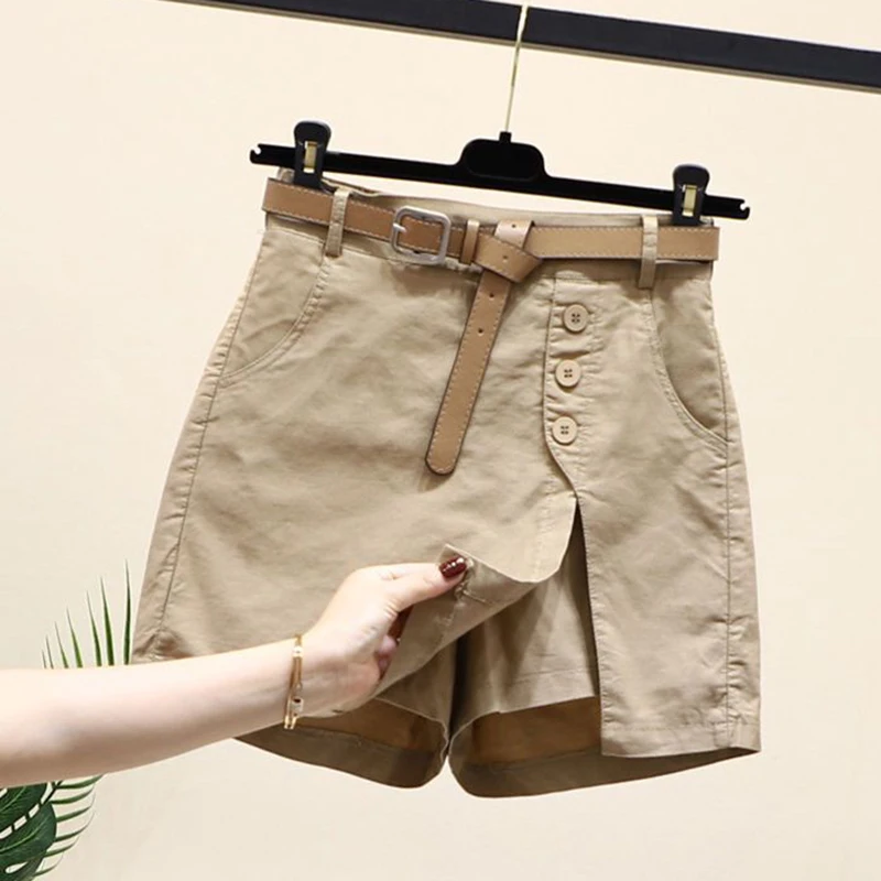 Women 100% Cotton Shorts Korean Casual Patchwork Belt Pockets Solid Button Fashion New All Match Summer Female Chic Shorts