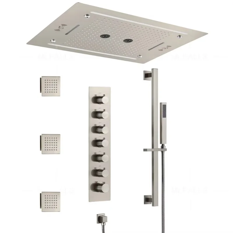 

New Design 6 Function Shower Head Rainfall ,Waterfall,Rotary Massage,Mist Wall Mounted Shower With LED and Music