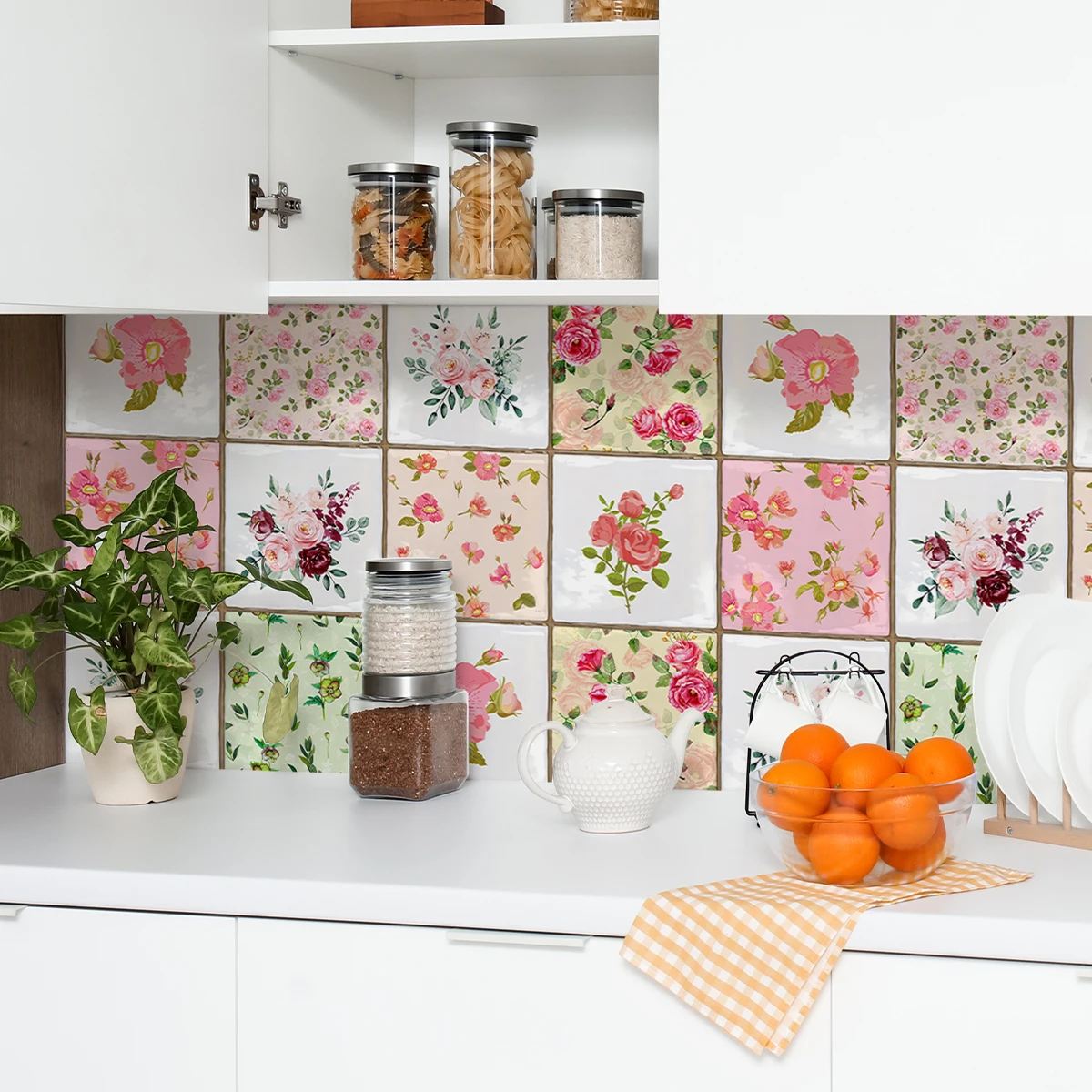 10PCS Vintage Floral Vinyl Tile Stickers – Self-Adhesive, Peel & Stick, Waterproof, Removable. Ideal for Walls, Fireplace