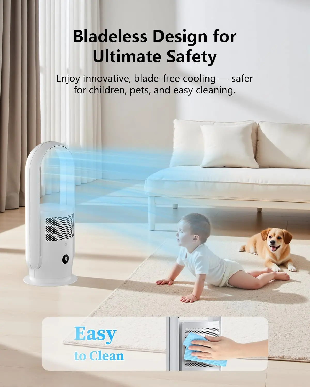 مروحة برجية خالية من الشفرة مع منقي هواء 90 °   مروحة متأرجحة خالية من الشفرة مع مراوح أرضية بمؤقت 8 ساعات تعمل باللمس عن بعد لغرفة المنزل والمكتب