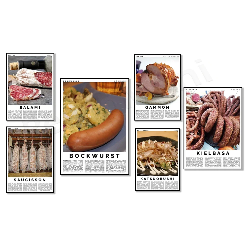 Salami print, meat poster, german bock sausage, corned beef, pastrami, culinary arts, trendy food kitchen decor, chef gifts