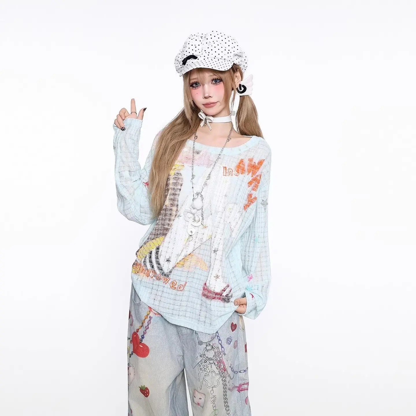 Girl Sweet Spicy Sloping Shoulder 2026 Spring Summer Long Sleeve T-shirt Sunscreen Cover Women Graffiti Print Thin Top