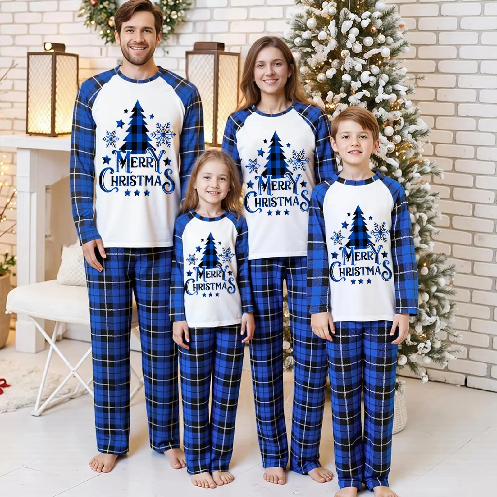 New Xmas Gift for Adults Kids Christmas Tree Print Blue Pajamas Set Family Matching Outfits Long Sleeve Homewear Baby Romper Pjs