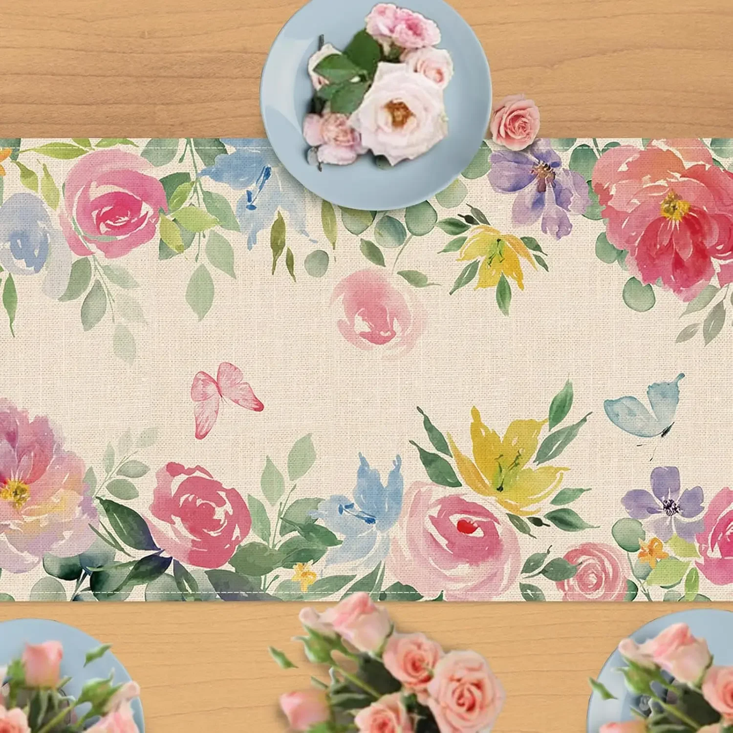 Spring Rose Peony Floral Linen Table Runner Party Decor Reusable Farmhouse Kitchen Dining Table Runner Wedding Decorations