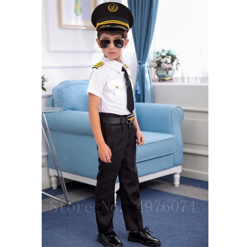 Kinderen Steward Jongens Piloot Cosplay Kostuum Halloween Fancy Party Gift Stewardess Air Force Maskerade Kleding Set