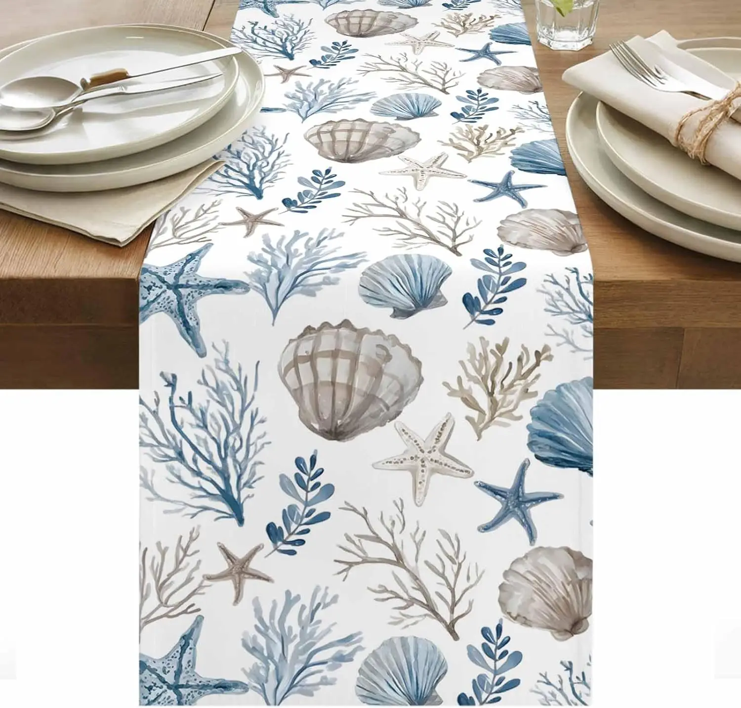 Summer Beach Coral Starfish Shell Nautical Table Runner Party Decor Reusable Kitchen Dining Table Runner Wedding Decorations