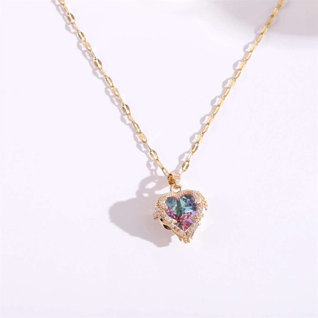 Luxury Colorful Crystal Ocean Heart Pendant Necklace For Women Korean Fashion Stainless Steel Neck Chain Female Wedding Jewelry