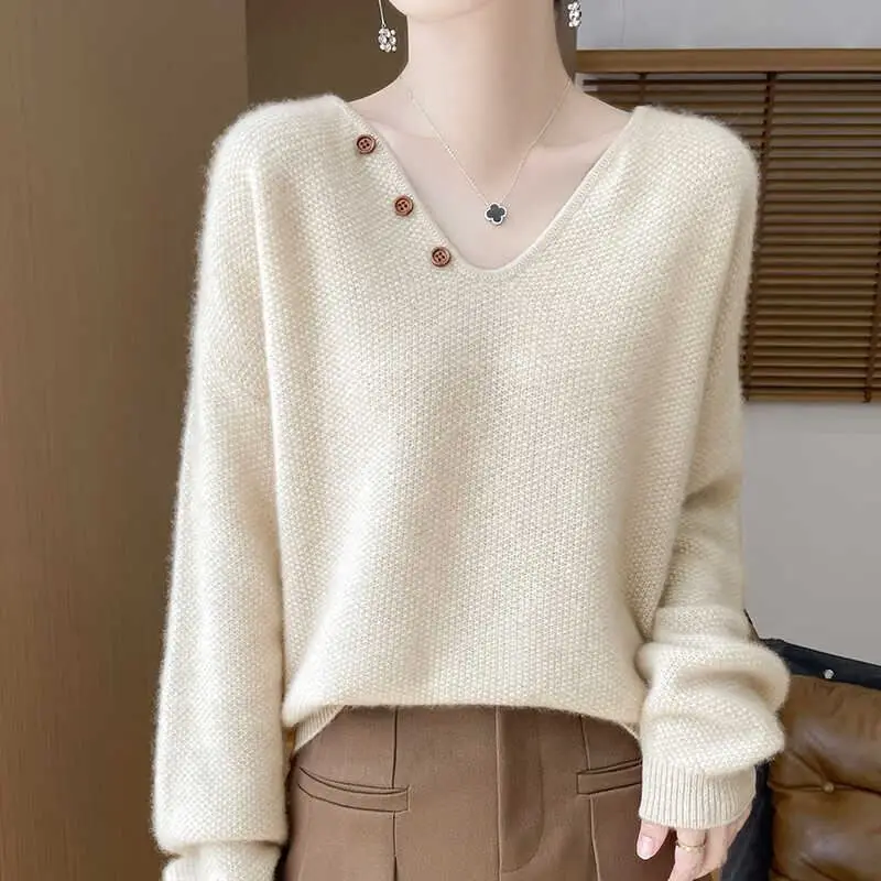 Cream V Neck Knit Sweater Long Sleeve Loose Pullover with Button Details Soft Warm Top for Women Autumn Winter