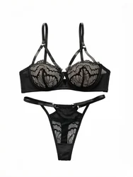 High Quality New Sexy Underwear For Women's Lace Transparent Hollow 3/4 Bra Gathering Steel Ring Push Up Underwear Set HR2634