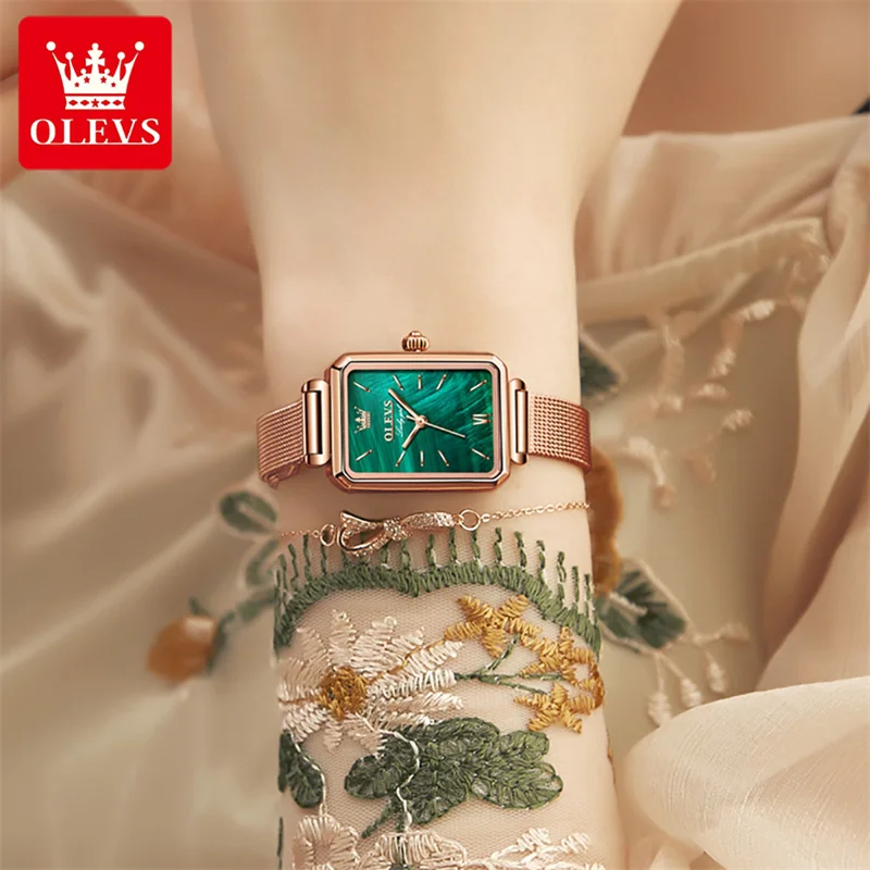 OLVES New Fashion Green Quartz Watch for Women Luxury Rose Gold Stainless Steel Mesh Strap Women Dress Watch Relogio Feminino