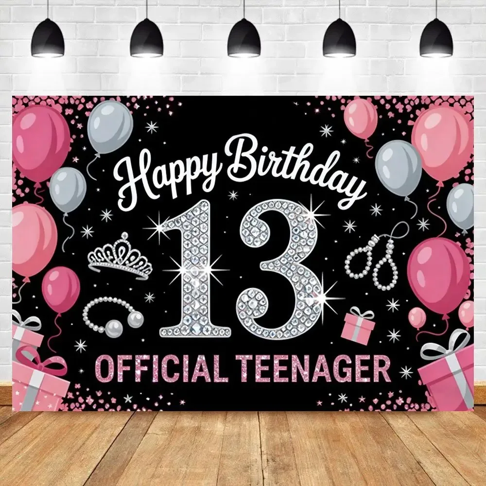 

Black and Pink Balloon Themed Banner Photography Background, Girl's 13th Birthday Party Decoration Photography Studio Background