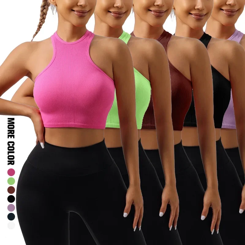 Women Solid Color High Neck Halter Workout Tank Top Open Back Gym Yoga Crop Top Sexy Sports Running Vest Fitness Activewear