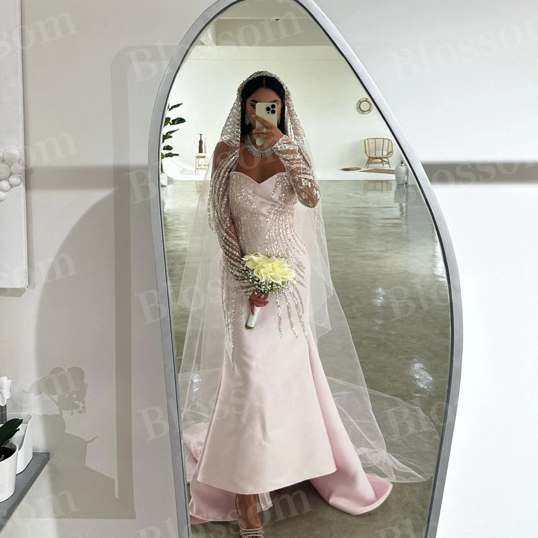 Schatz Ausschnitt Abendkleider rosa Meerjungfrau Perlen Pailletten Langarm Braut Abschluss ball Kleid Party kleider فساتين مناسبة رسميية