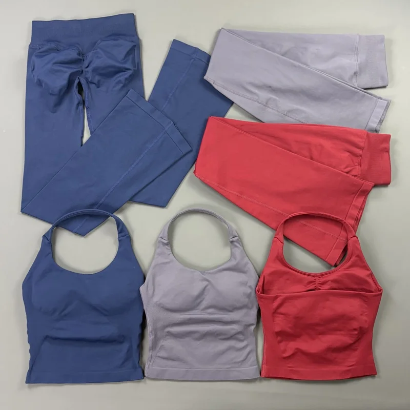 2Pcs Flare Leggings Set Seamless Halter Sports Top and Solid Women Hip Lifting Flared Pants Set for Workout Fitness Clothingv