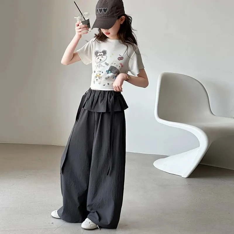 Korean Style Girls Summer Quick Dry Ruffle Waist Loose Wide Leg Casual Long Pants For Big Kids