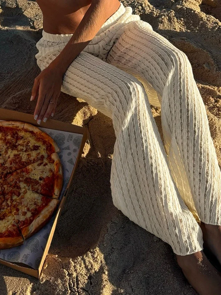 

Пляжная одежда, вязаные повседневные брюки, белые свободные прямые брюки с низкой посадкой Y2k, эстетические женские брюки в праздничном стиле