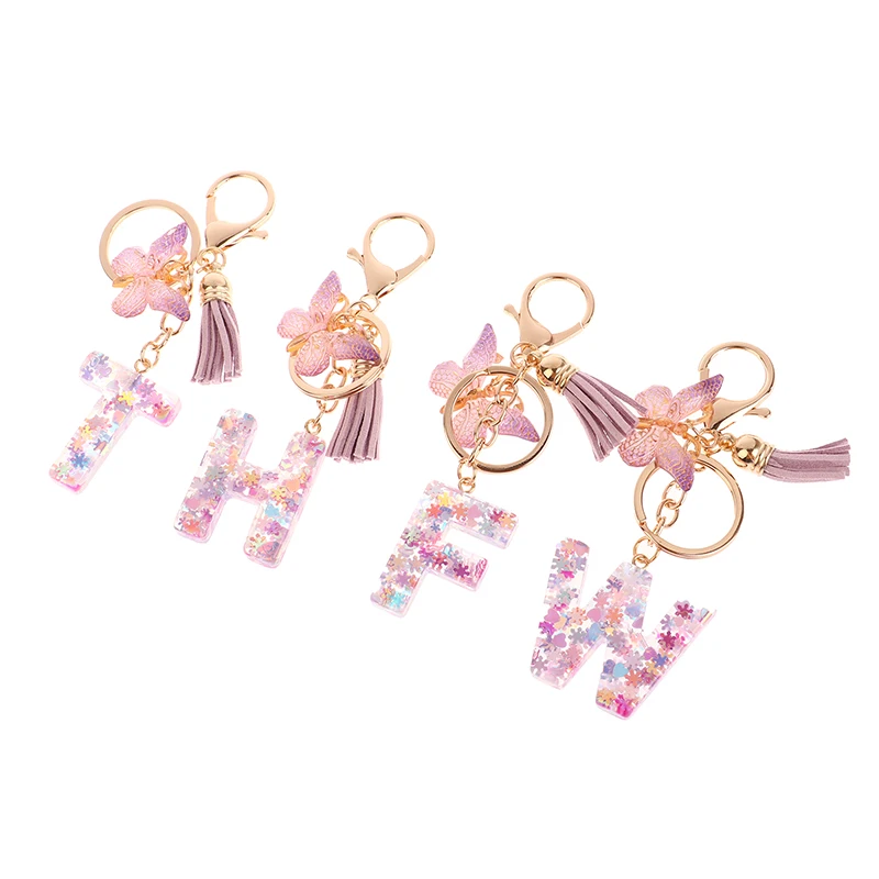 A-Z Dreamy Sequin Letters Keychain For Women Tassel Butterfly Pendant Initial Keyring Purse Suspension Bags Charms Car Key Chain