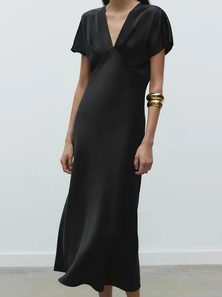 Nowa europejska i amerykańska odzież damska, modna i stylowa satynowa sukienka midi z krótkim rękawem i dekoltem w kształcie litery V
