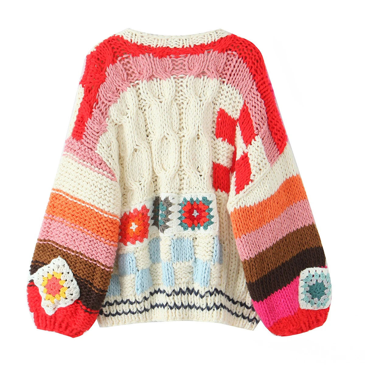 BOHO Contrast Color Lantern Sleeve Hand Crochet Cardigan Ethnic Woman O Neck Open No Button Short Sweater Loose Knitwear Jumper
