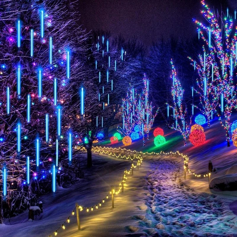 Guirnalda de luces Led para exteriores, 8 tubos de lluvia de meteoros, guirnaldas de calle, decoraciones de árbol de Navidad, luces de jardín de