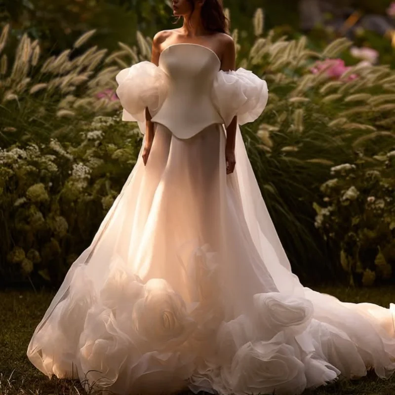 

Кружевные белые аппликации Свадебные платья с открытыми плечами пышная юбка Большая 3D цветочная наклейка Свадебные платья на заказ