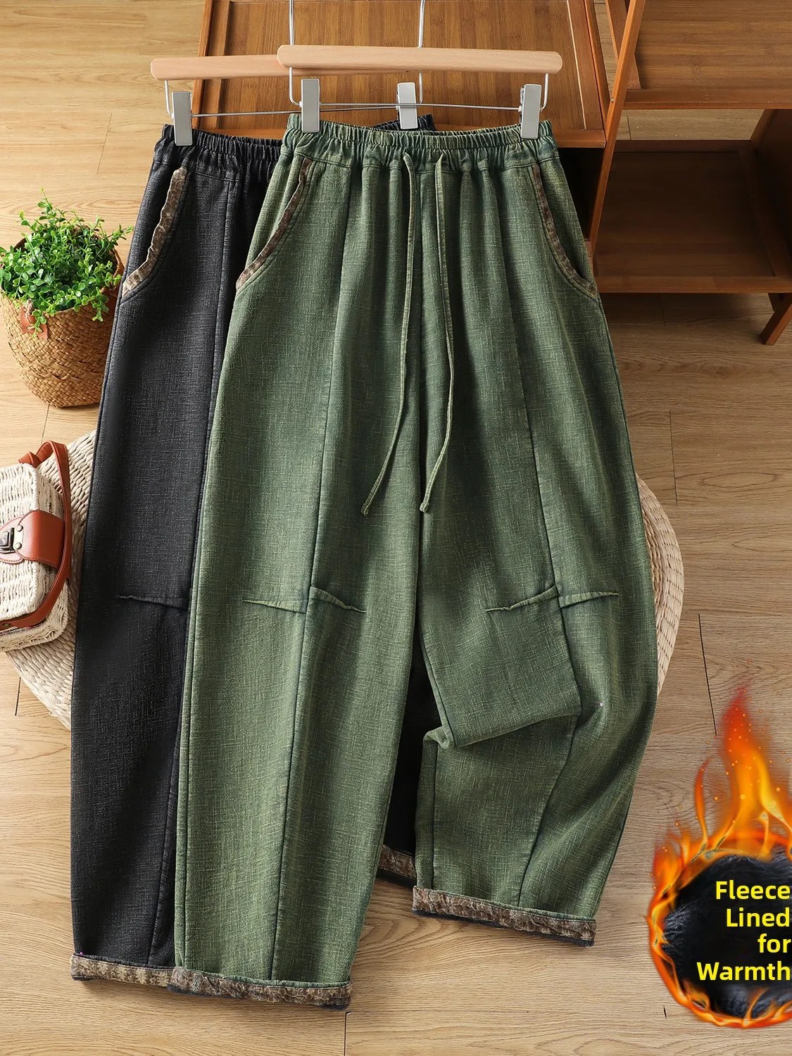 

Утепленные хлопковые льняные брюки-фонарики свободного кроя для женщин больших размеров, осенне-зимние, простые, в стиле дзен, комфортные