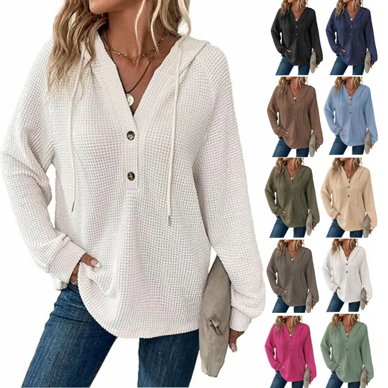 

Woman Waffle Knit Hooded Henley Sweatshirt Long Sleeve with Drawstring Button Detail Loose Fit Casual Top in Multiple Colors