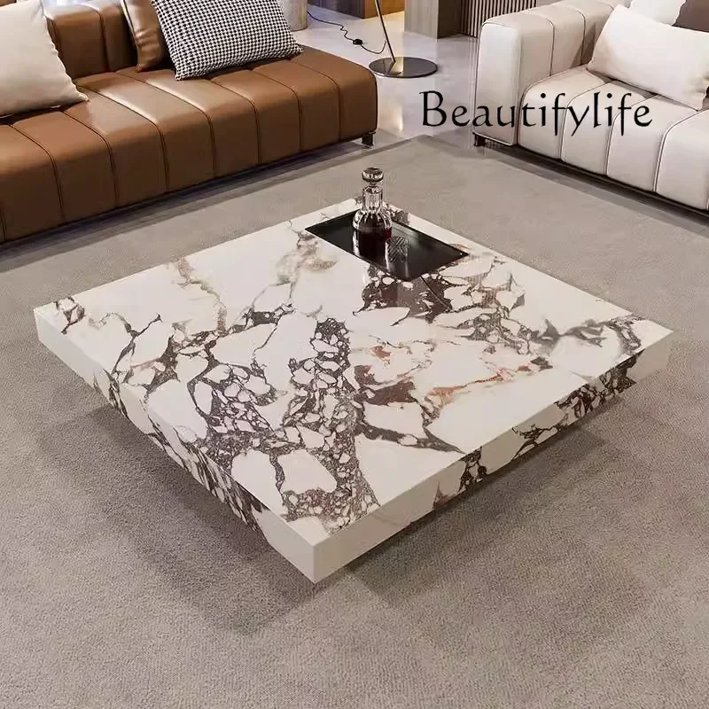 

Italian Minimalist Square Stone Plate Coffee Table Living Room Home Mild Luxury Marble Suspension Tea Table