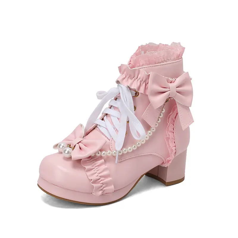 Fashion Sweet Bow Women Comfort Square Platform Ankle Boots Elegant Ruffles String Bead Girls Princess Cosplay Pink Lolita Shoes
