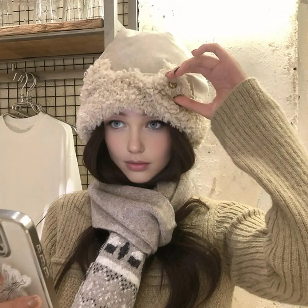 Fluffy Women Hat Cat Ear Sherpa Fleece Hat for Women Windproof Winter Ear Protection Cap Thick Warm Fuzzy Skull Hat for Outdoor