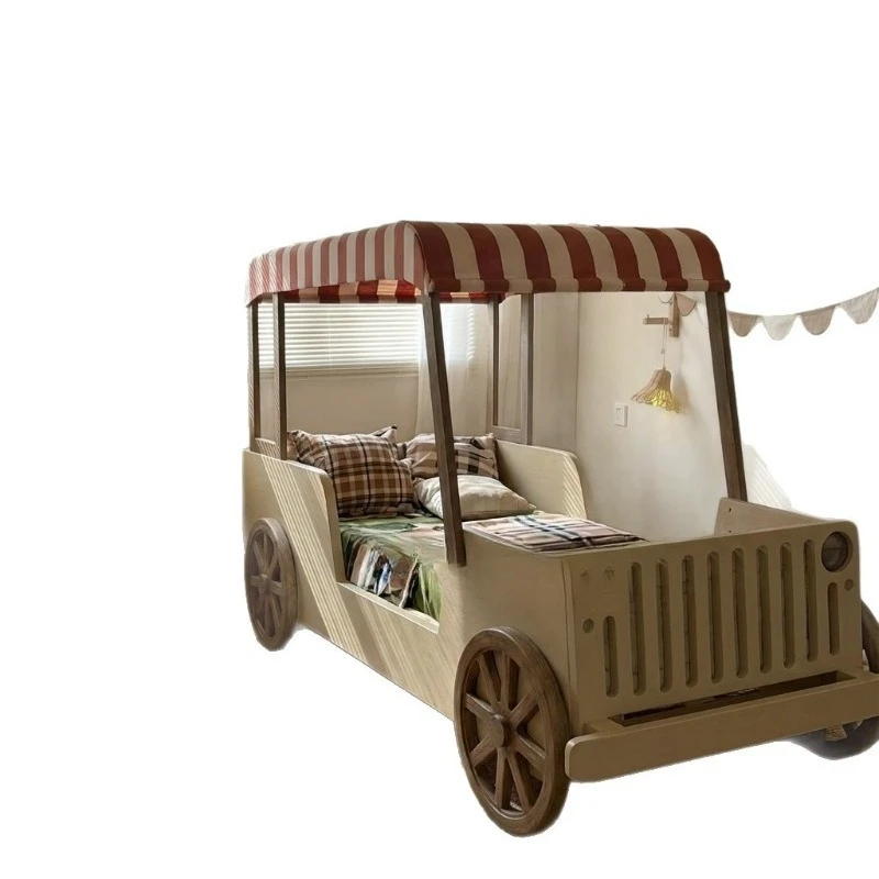 Modern simple car bed, solid wood children's bed boy with guardrail, bedroom small apartment log new bed