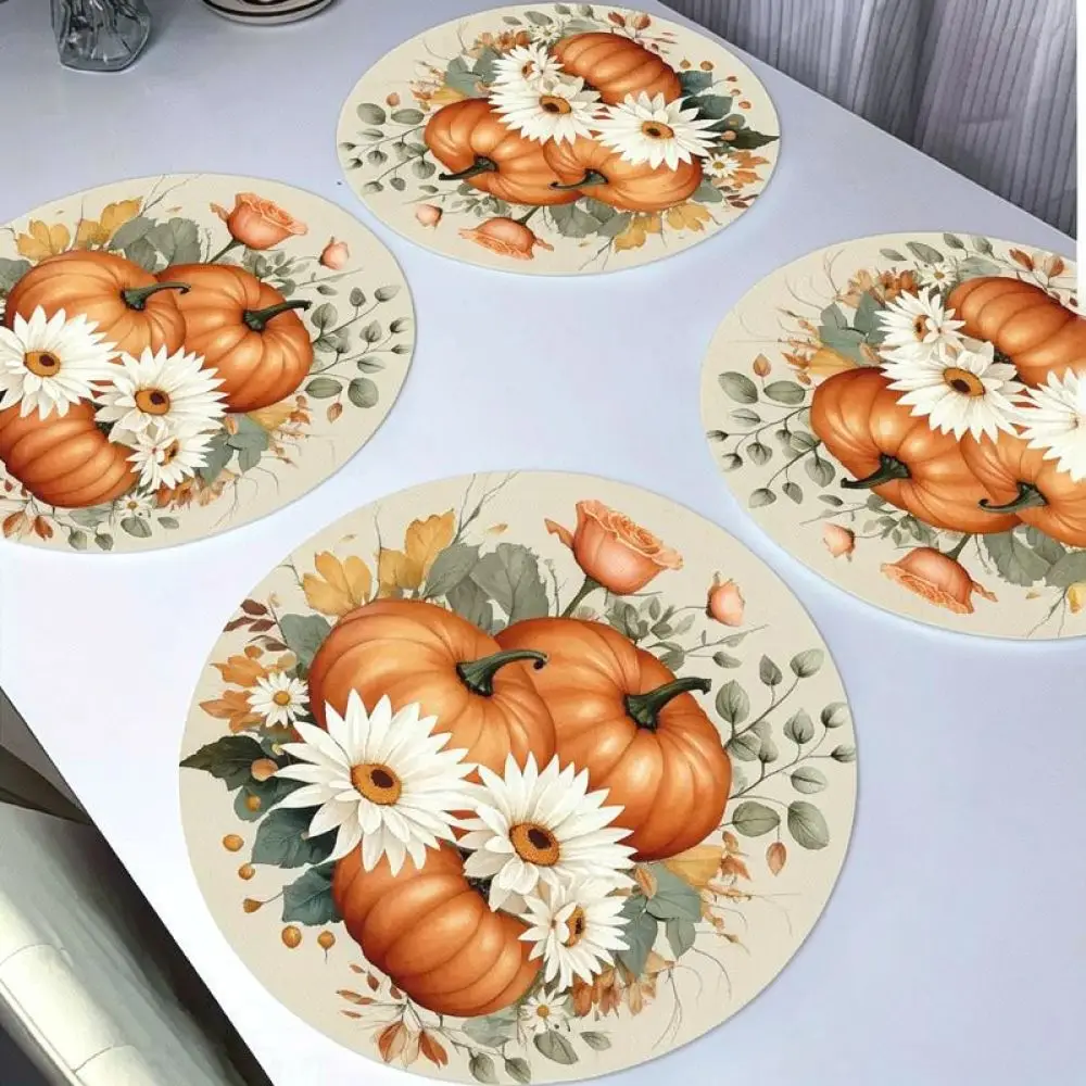 Pumpkin Pattern Table Placemat Round Heat Resistant Dining Room Mat Washable Kitchen Linens For Autumn Celebration
