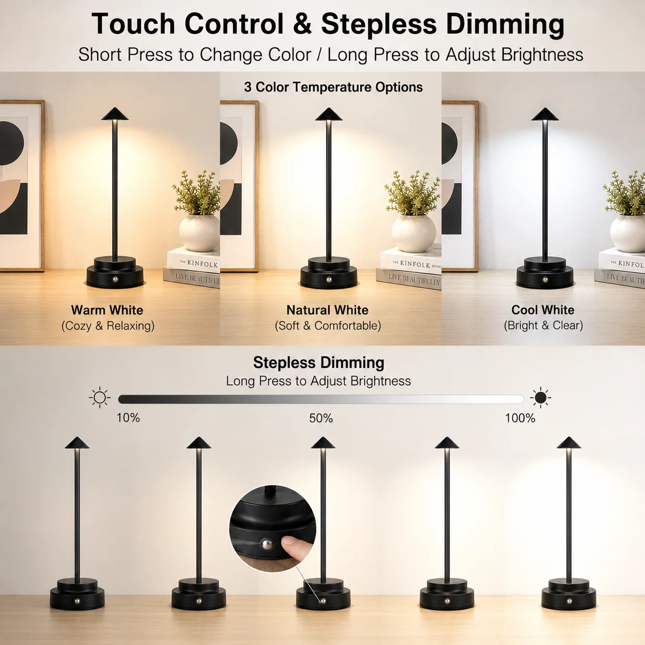 Wireless Rechargeable Desk Lamp, Touch Control Portable Night Light, 3 Color Dimming for Bedroom Living Room Restaurant Decor