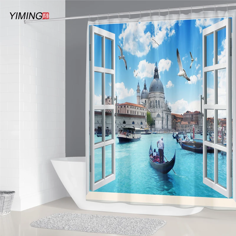 Various landscape imitation window designs, shower curtains, hanging hooks, home decoration  washable and waterproof