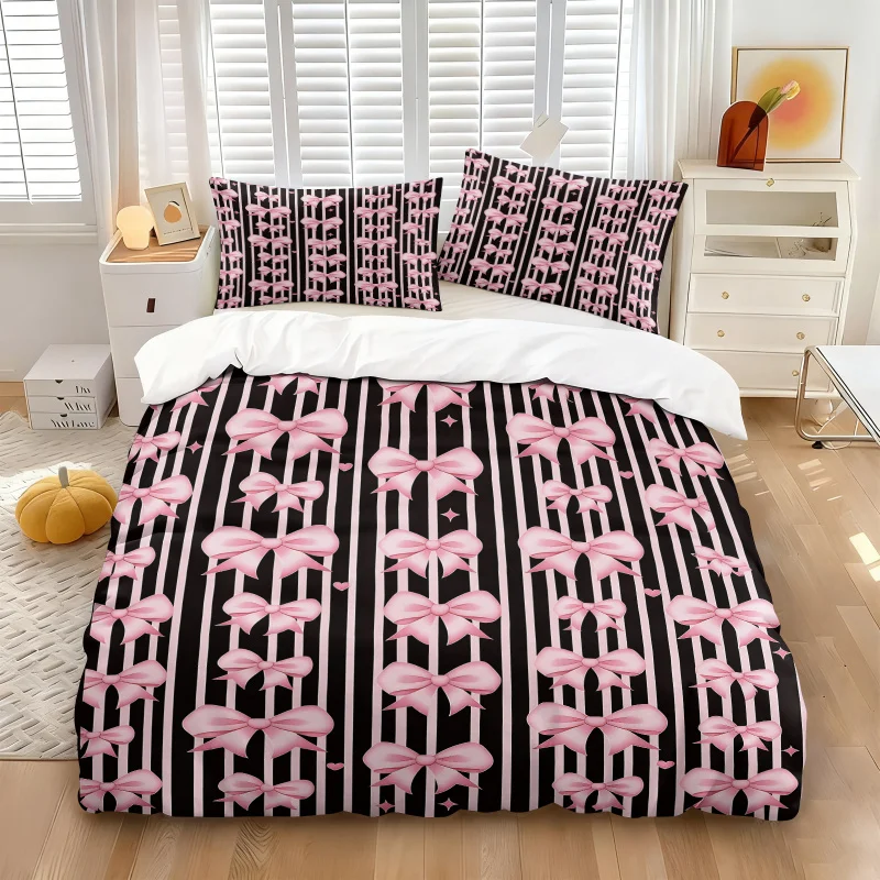 Coquette Pink Bow Black Striped Duvet Cover Set Cute Girly Heart Star Print Bedding Soft Comforter Cover Aesthetic Bedroom Decor