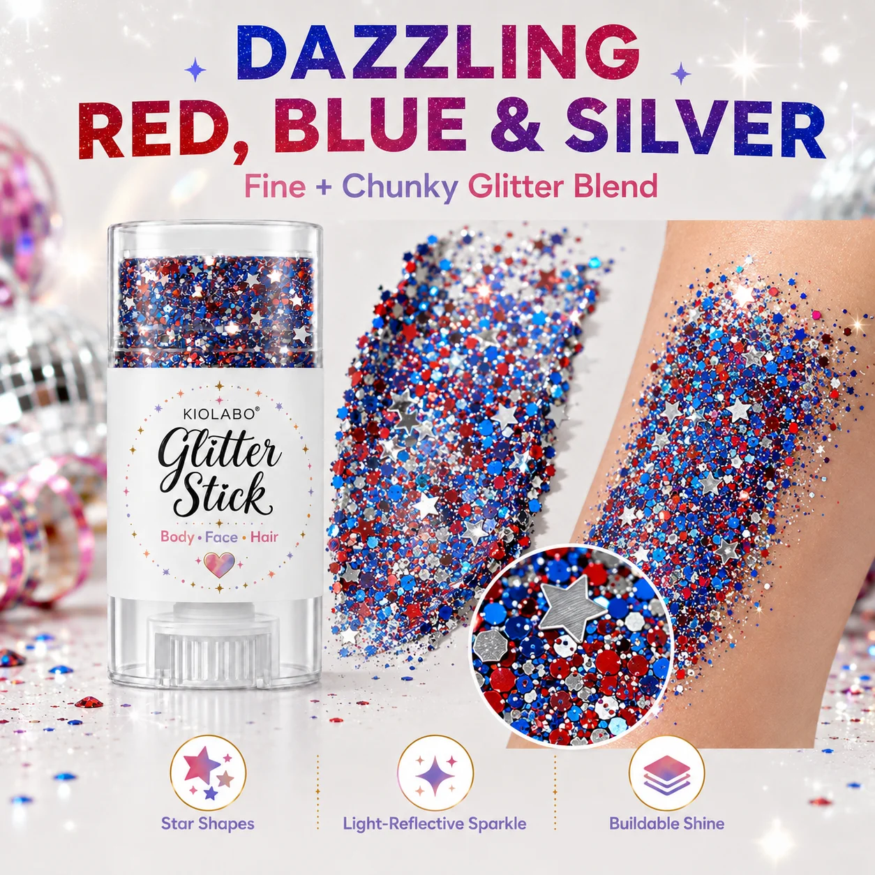16g Stern-Pailletten-Glitzerstift, vielseitig einsetzbares funkelndes Gel-Make-up für Gesicht, Haare, Körper und Party – Detail 3