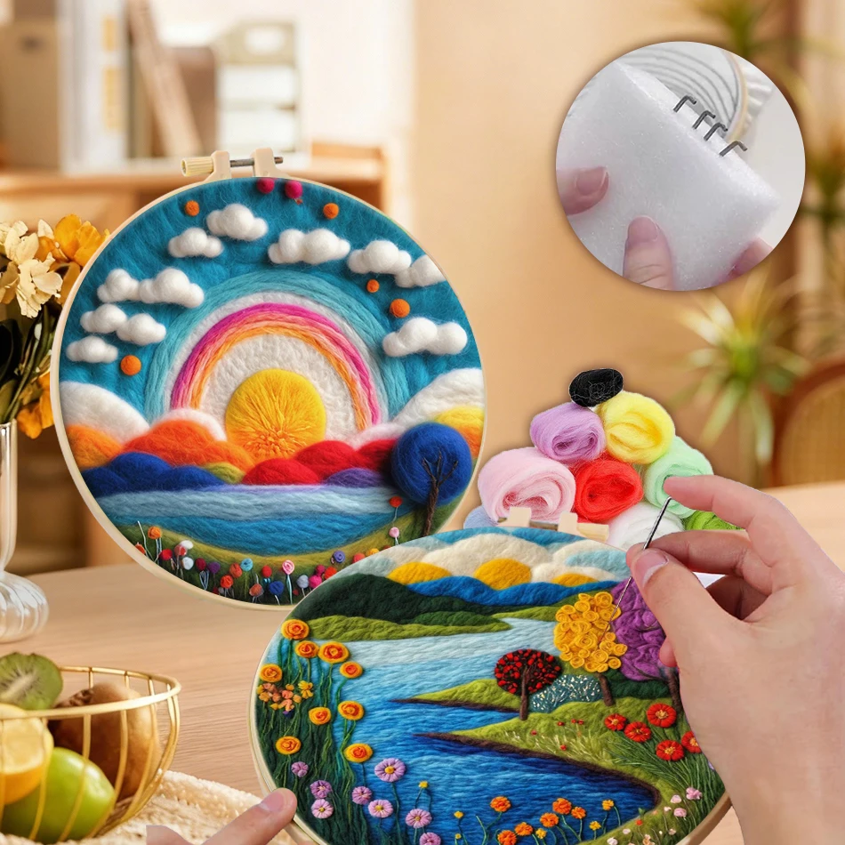 

GATYZTORY Wool Felting Kit Scenery Landscape Wool Burlap Set Sewing Kit Handicraft Felt Embroidery Frame Crafts supplies adults