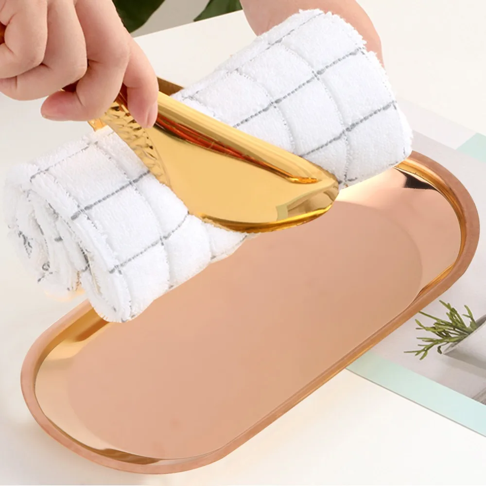 Rustless steel Towel Tray Raised Anti-spill Edge Polished Surface Serving Plate Thickened Anti-deform Oval Outline