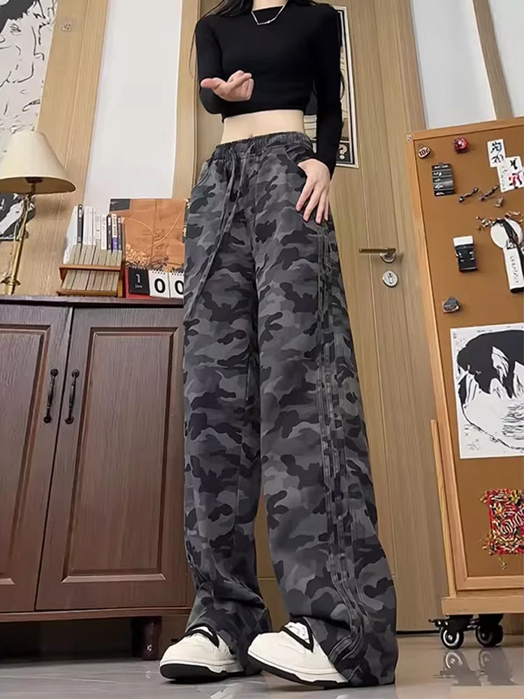 

American High Street Camouflage Jeans Men's High Waist Slim Wide Leg Paratrooper Workwear Cleanfit Casual Pants