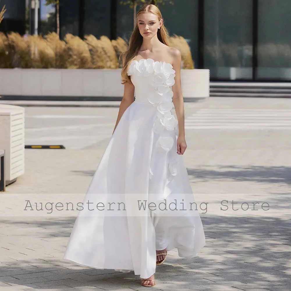 Moderne Hochzeits-Partykleider, Kreppstoff, A-Linie, Halle-Hochzeitskleid, weiß, trägerlos, 3D-Blumen, gerüscht, Hochzeitsgastkleid, Maxi