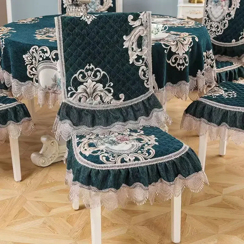 European Style Velvet Tablecloth Connected Chair Cover Lace Edge Integrated Stool Cover Round Table Cloth Thickened Cushion