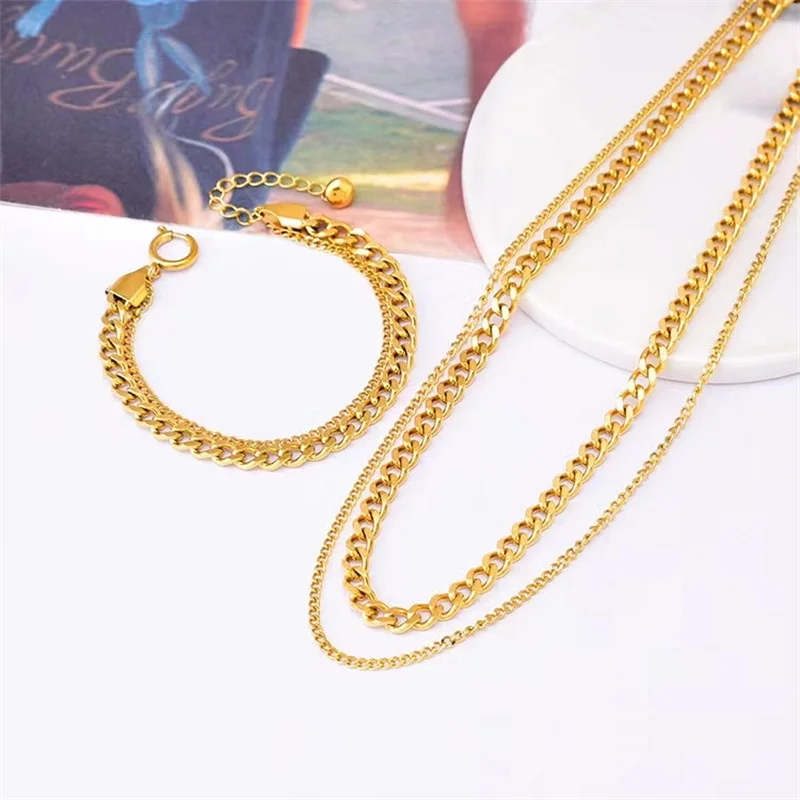 EILIECK 316L Stainless Steel 18K Gold Plated Waterproof Thick Chain Necklace Bracelet Jewelry Set For Women Girl Fashion Gift