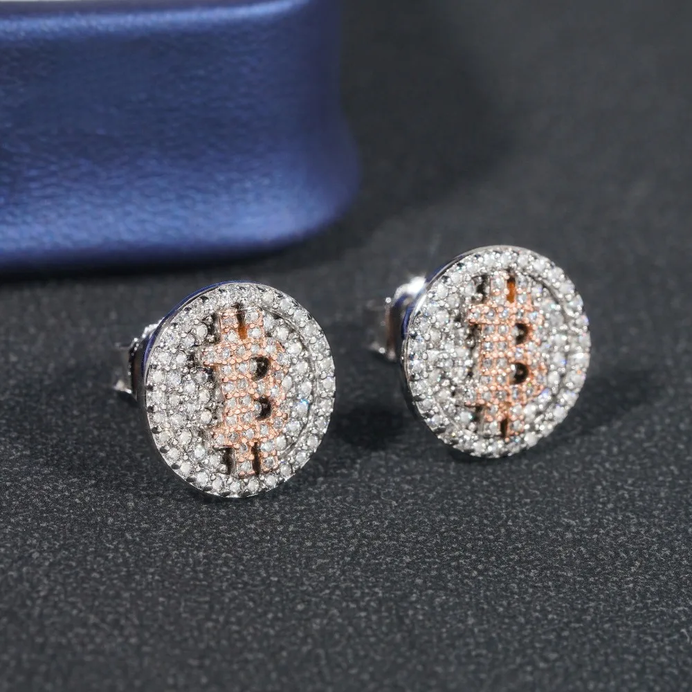 Hiphop Iced Moissanite Bitcoin Stud Earrings 925 Sterling Silver Rock Jewelry Mosan Diamond Ear Studs Men Pass Tester