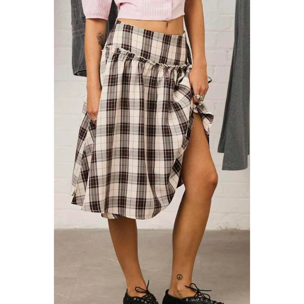 

Vintage Plaid Lace Up Skirt Women Fashionable Versatile A Line Skirt Ruffled Waist And Flared Silhouette Mini Skirts For Women