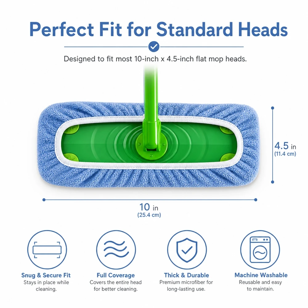 5 Pack Reusable Microfiber Mop Pads for 10x4.5 Inch Heads Wet Dry Cleaning on Hardwood Tile Laminate Stone Floors