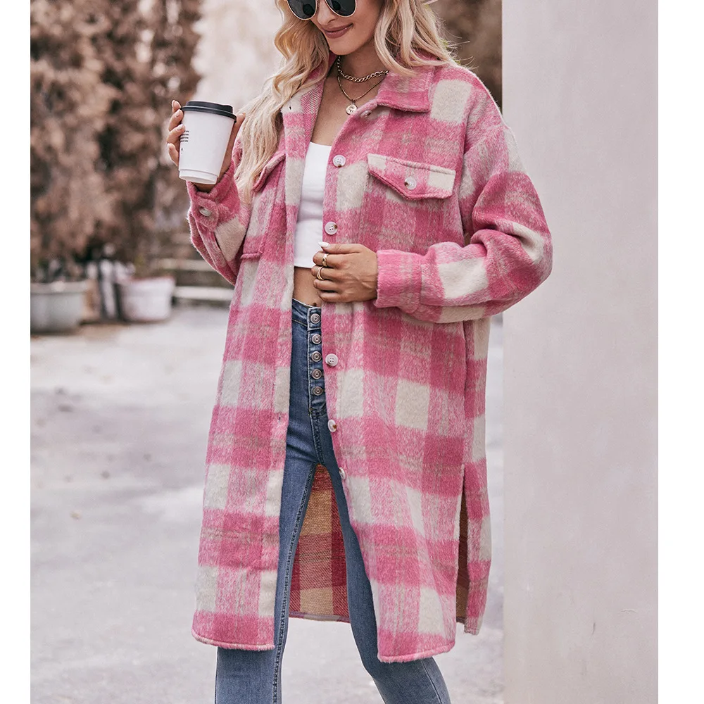 2024 autunno inverno giacca in Tweed da donna lungo Plaid cappotti monopetto Trench Oversize da donna capispalla caldi femminili