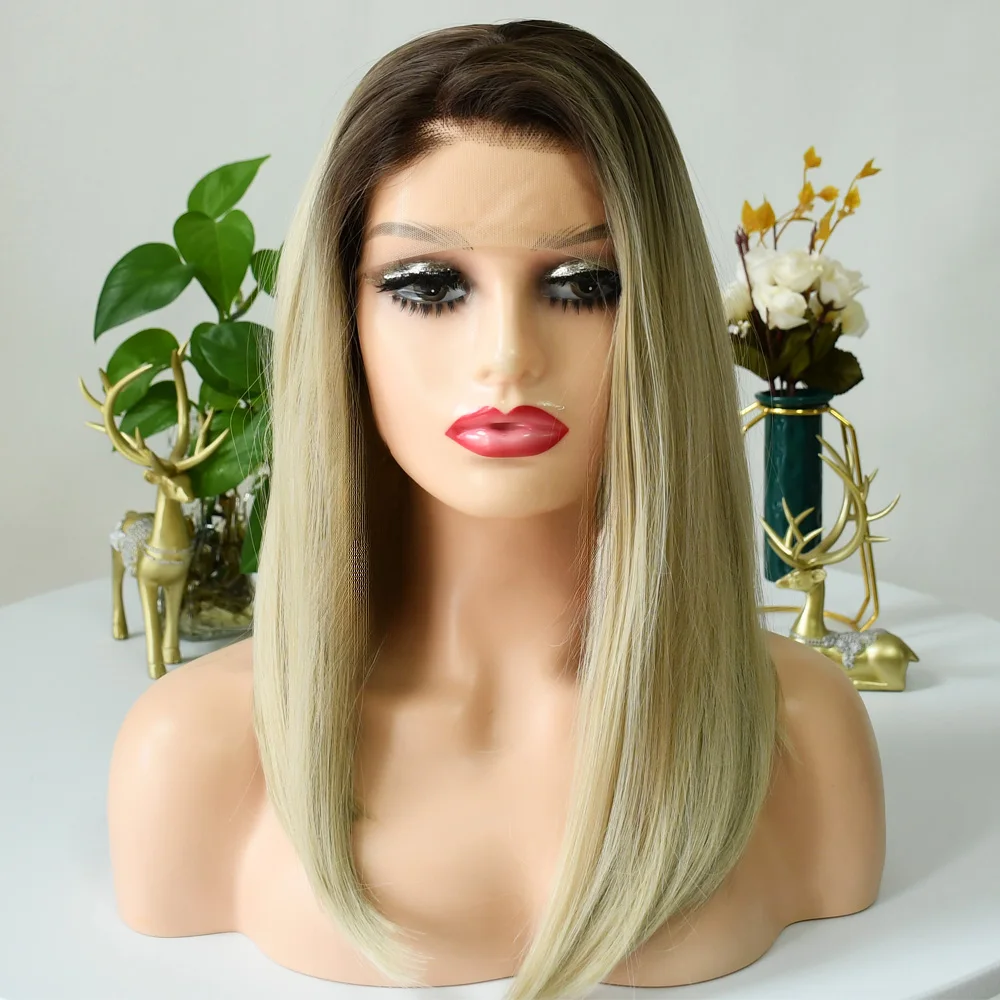 

Короткий парик Боб Ombre Blonde Кружевные фронтальные парики Прямые парики Боб Предварительно выщипанные 13x4 Парики фронта шнурка Синтетические cabelo orgânico