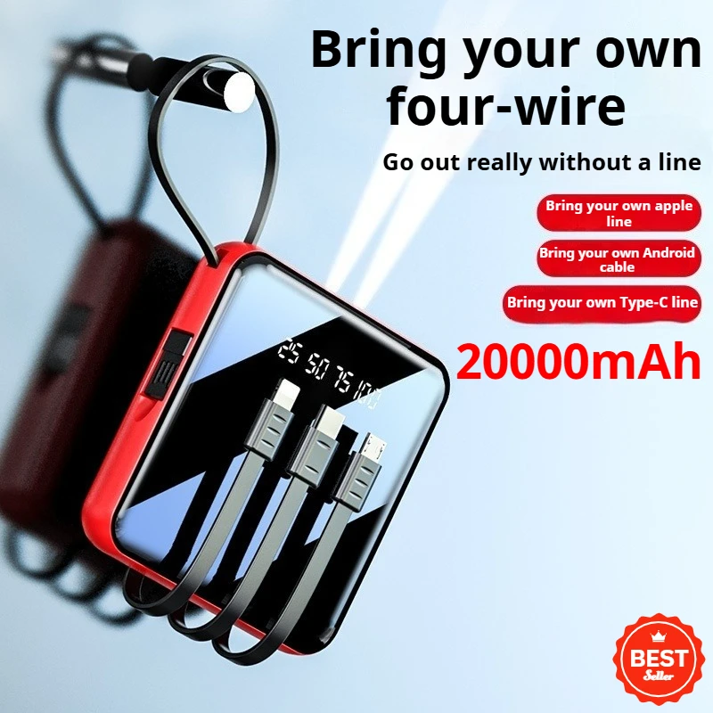 

Мини-Power Bank емкостью 20000 мАч с кабелем, портативное зарядное устройство, зеркальный экран, светодиодный цифровой дисплей, внешний аккумулятор Power Bank