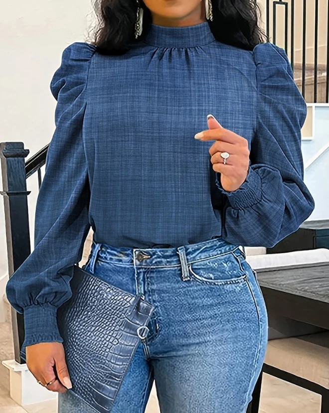 

Deep Blue Standing Collar with Raw Edges and Front Shoulder Bubble Sleeve Top for Women's Spring Autumn New Fashion Long Sleeves